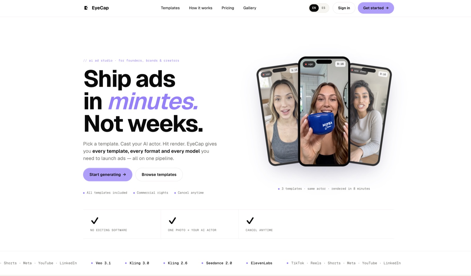 Página principal de EyeCap: el titular «Ship ads in minutes» junto a tres videos UGC generados con la herramienta